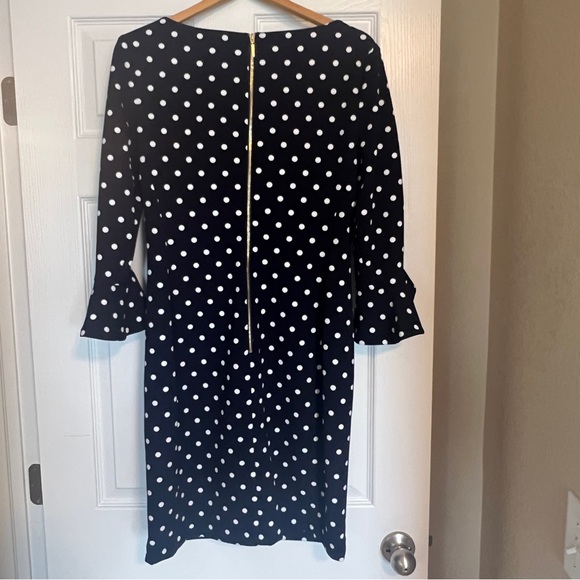 Karl Lagerfeld Paris Polka Dot Dress Size 8 Ruffle Cuffs Sheath H5 - Picture 2 of 9